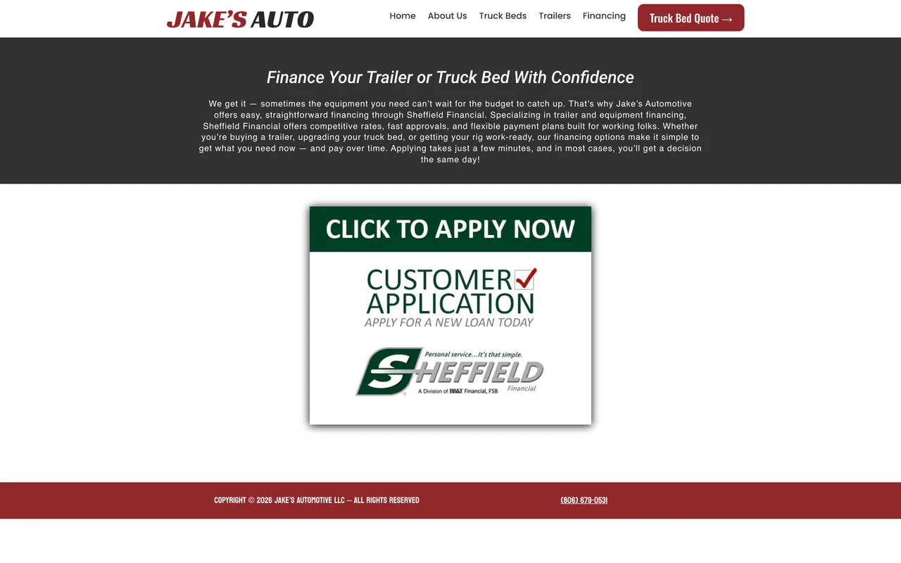 Jake's Auto financing page explaining trailer and truck-bed financing, with a button to the lender's customer application.