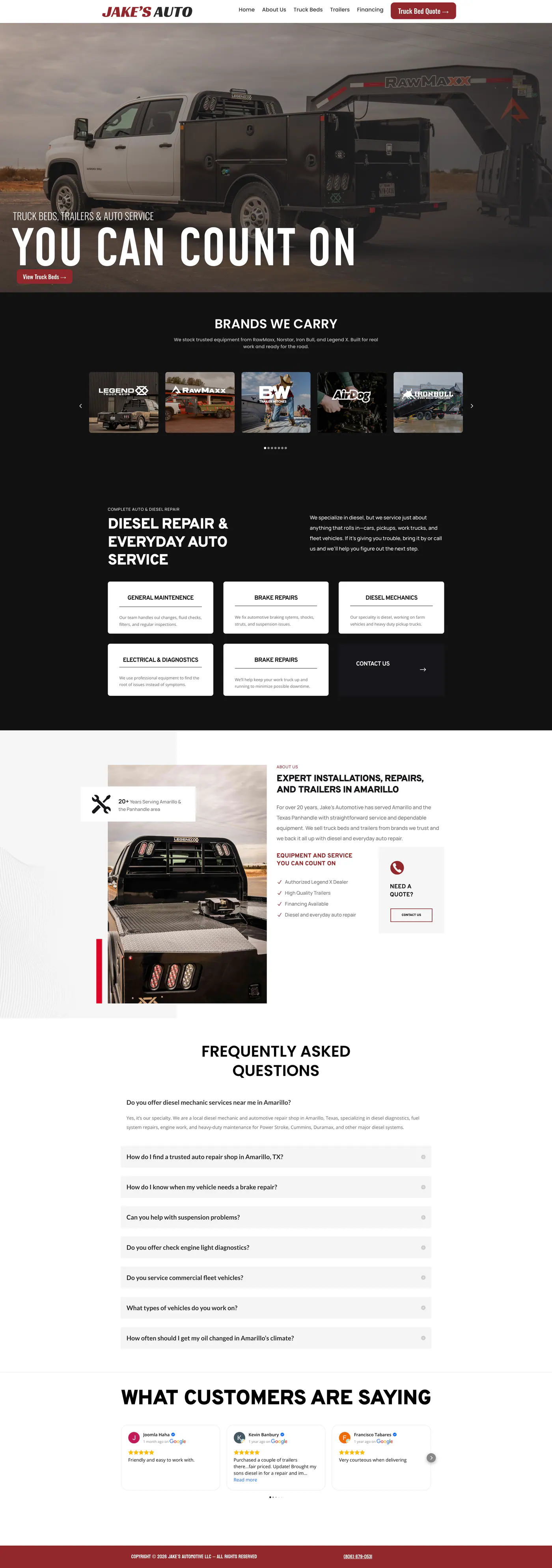 The complete Jake's Auto homepage from top to bottom, as it appeared on a desktop screen.