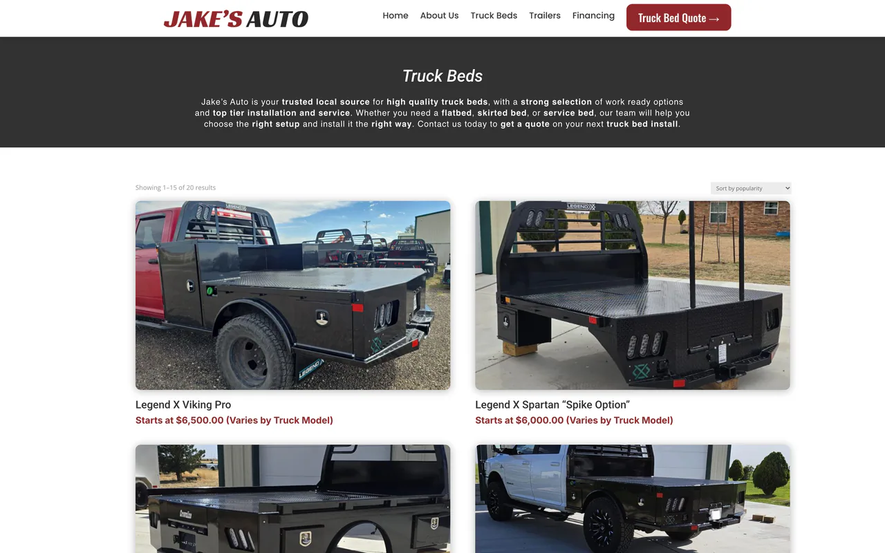 Jake's Auto truck-bed catalog page with photos of flatbed truck beds and their model names.