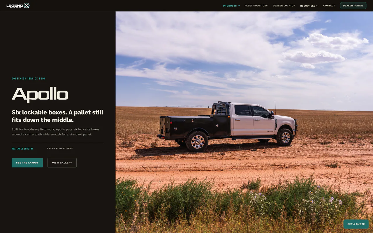 Legend X Apollo model page with a truck-bed photo, the headline Six lockable boxes, and model buttons.