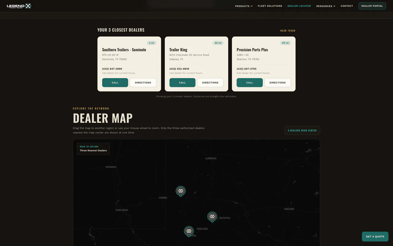 Legend X dealer locator showing the three closest dealers to a Seminole, Texas ZIP code above a dealer map.