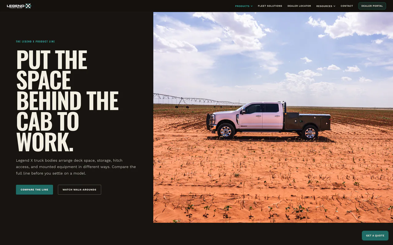 Legend X products page with the headline Put the space behind the cab to work, beside a truck in a field.