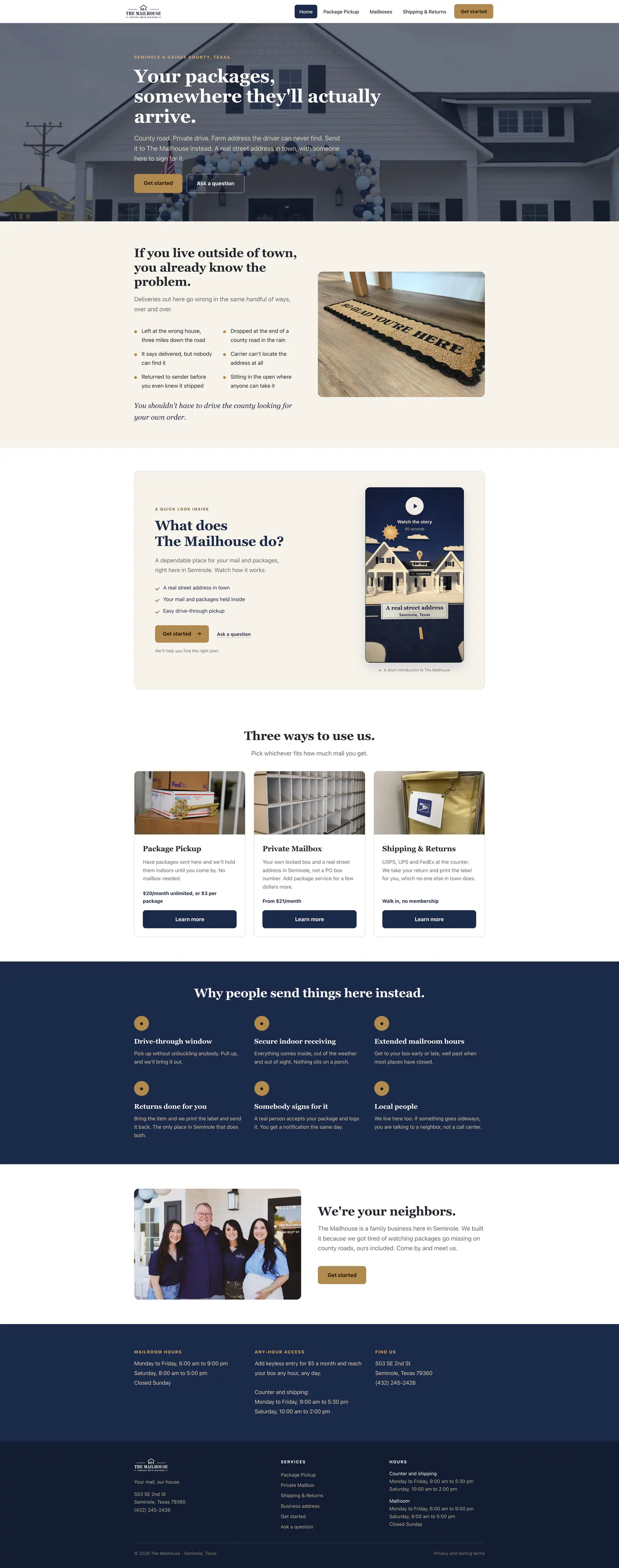 The complete The Mailhouse homepage from top to bottom, as it appeared on a desktop screen.