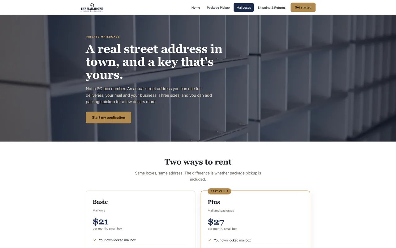 The Mailhouse mailboxes page with the headline A real street address in town, and a key that is yours, above two plan cards.