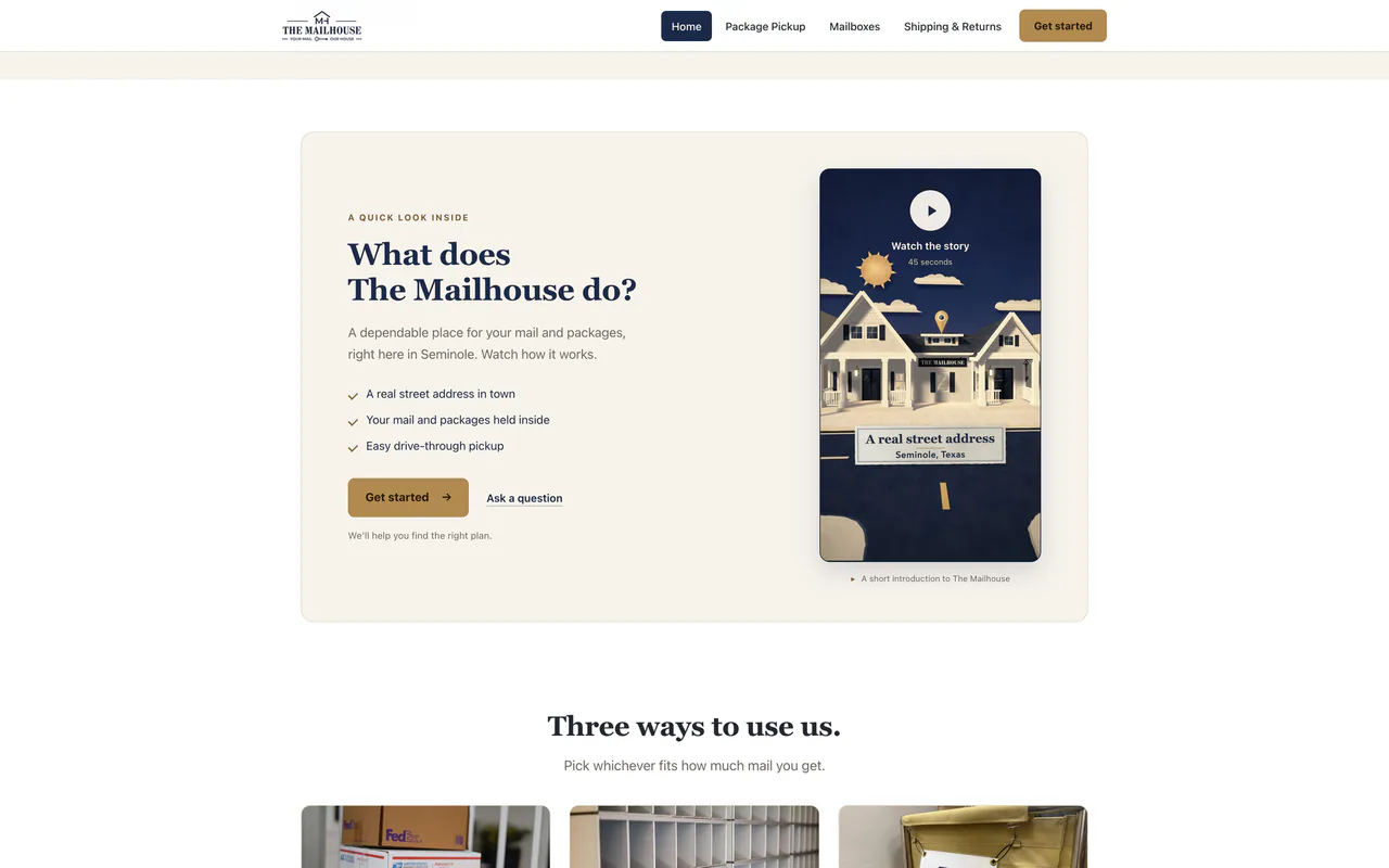 The Mailhouse homepage section What does The Mailhouse do, with the animated introduction in a portrait player.