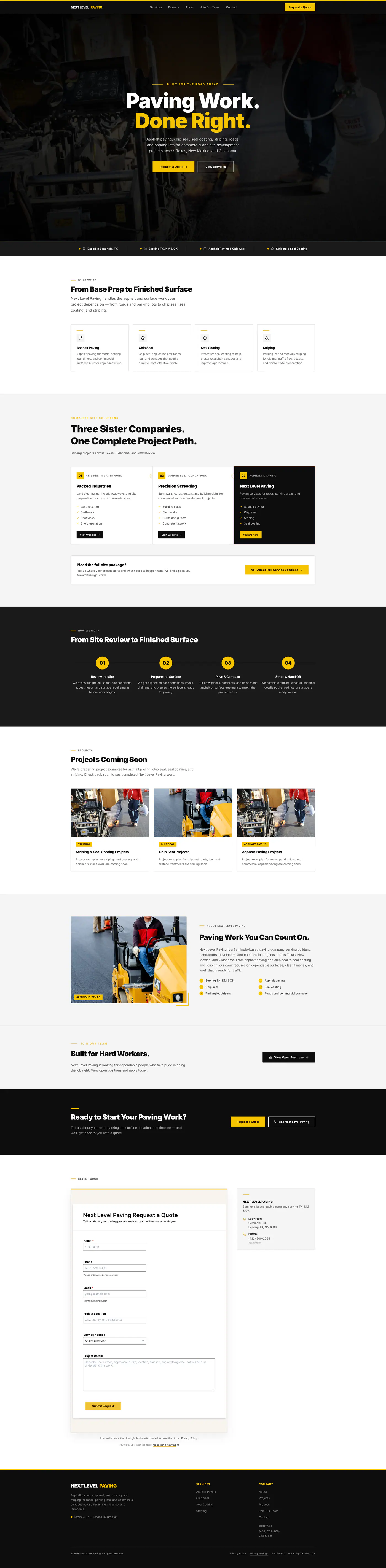 The complete Next Level Paving homepage from top to bottom, as it appeared on a desktop screen.