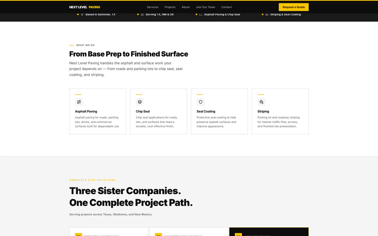 Next Level Paving services section titled From base prep to finished surface, with panels for asphalt paving, chip seal, seal coating and striping.
