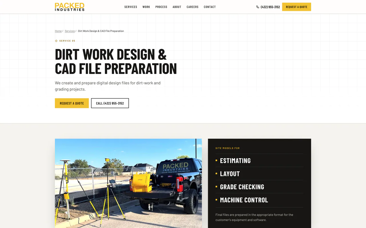 Packed Industries dirt work design and CAD file preparation page listing estimating, layout, grade checking and machine control.