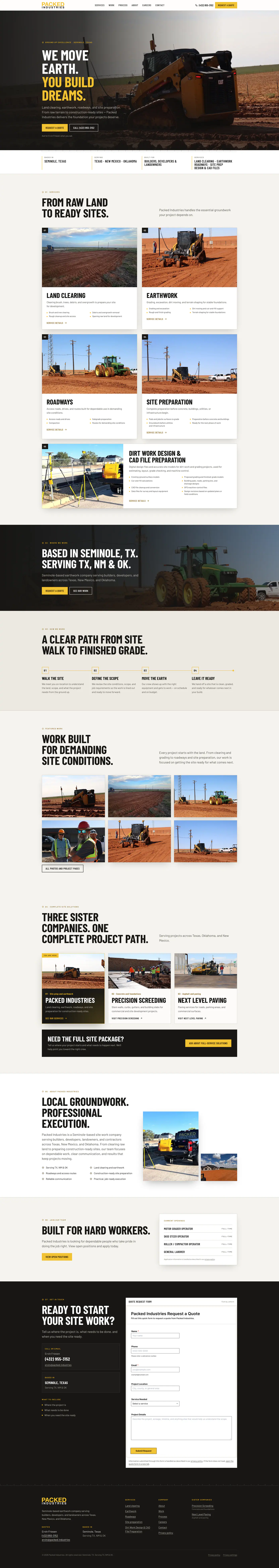 The complete Packed Industries homepage from top to bottom, as it appeared on a desktop screen.
