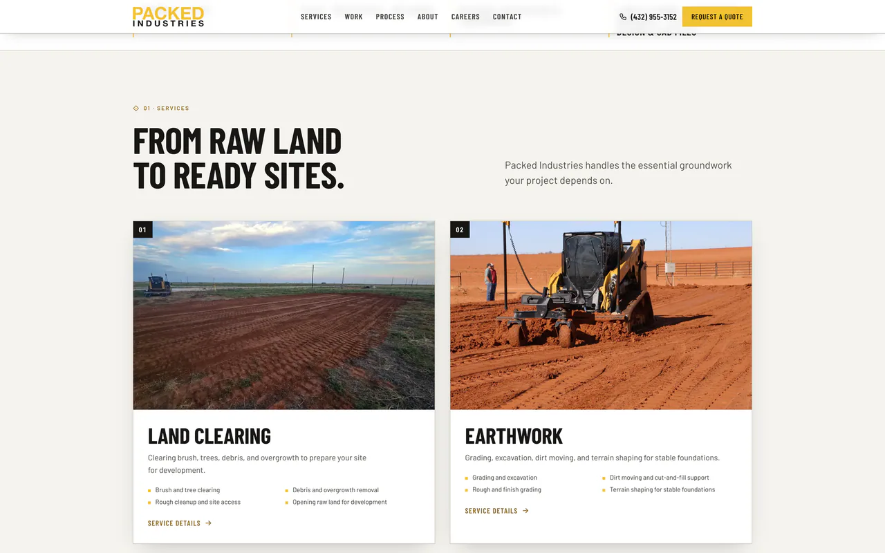 Packed Industries services section titled From raw land to ready sites, with land clearing and earthwork panels and jobsite photos.