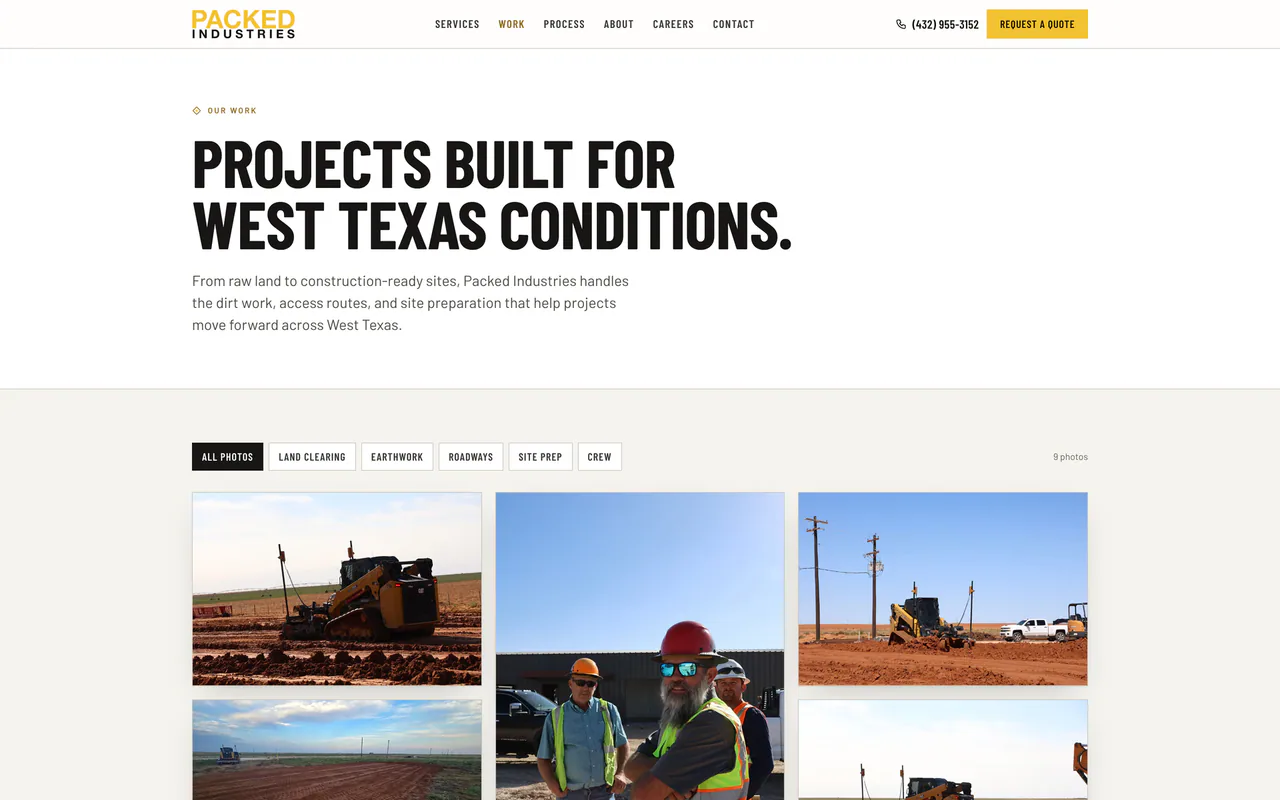 Packed Industries work gallery titled Projects built for West Texas conditions, with filter buttons and jobsite photos.