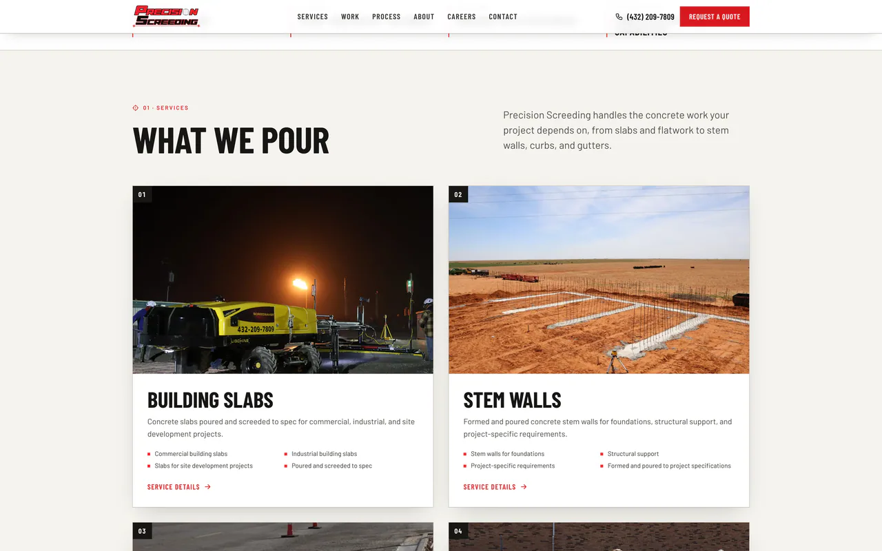 Precision Screeding services section titled What we pour, with building slabs and stem walls panels and jobsite photos.