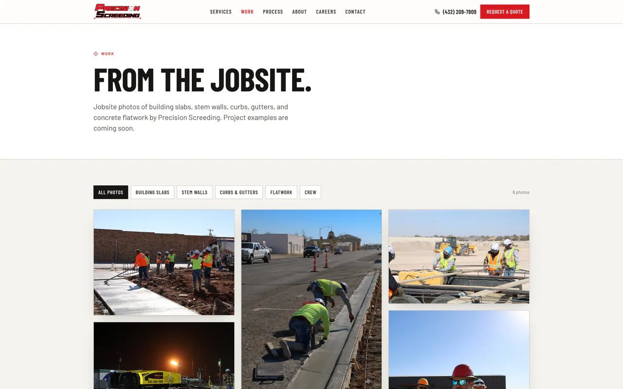 Precision Screeding jobsite gallery titled From the jobsite, with filters for slabs, stem walls, curbs and gutters, flatwork and crew.