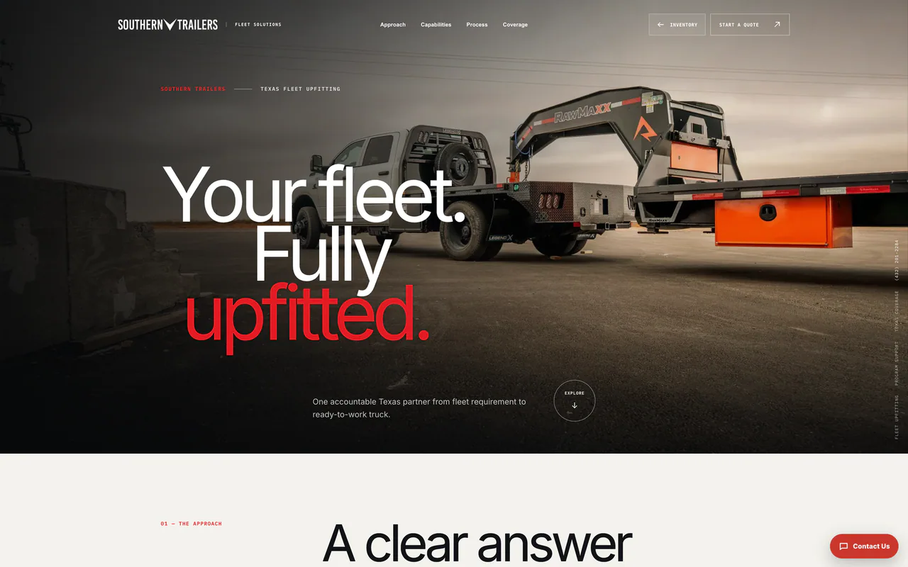 Southern Trailers Fleet Solutions page with a work truck and gooseneck trailer under the headline Your fleet. Fully upfitted.