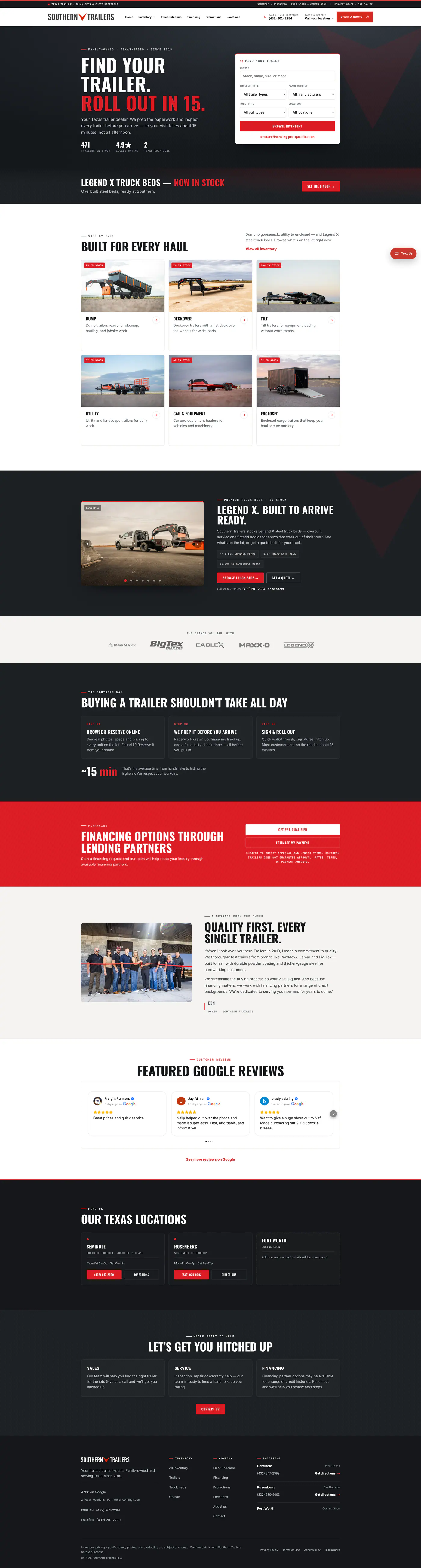 The complete Southern Trailers homepage from top to bottom, as it appeared on a desktop screen.