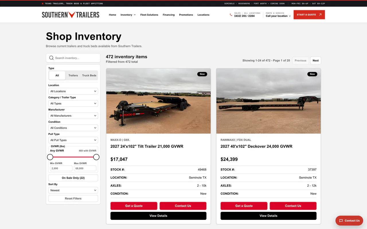 Southern Trailers inventory page with search and filter controls on the left and unit cards with photos, specs and buttons.