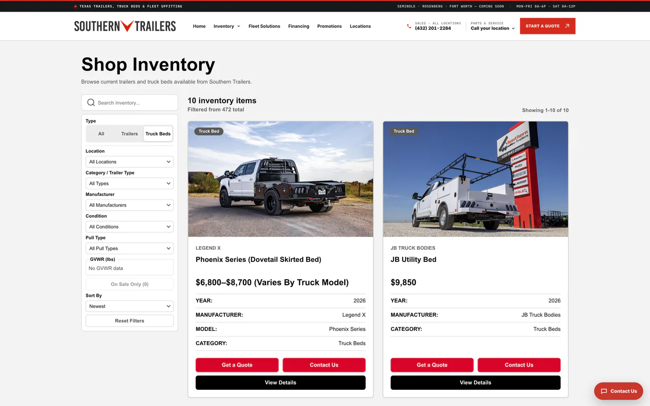 Southern Trailers inventory filtered to truck beds, showing truck-bed cards with manufacturer and model details.